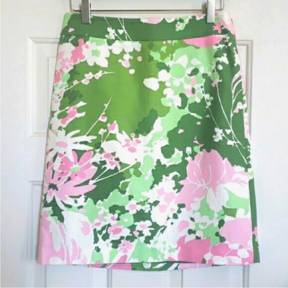 TALBOTS Pink Green Floral Skirt Cotton Basketweave Texture